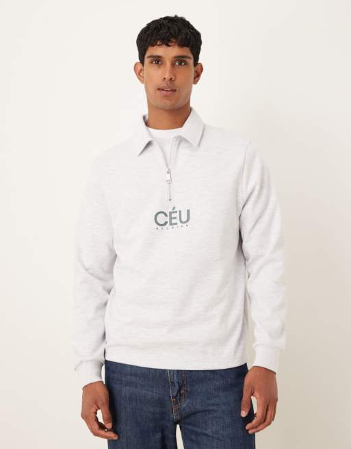 ASOS DESIGN – Sweatshirt aus Stoff im Neopren-Stil in meliertem Grau mit kurzem Reißverschluss und Print