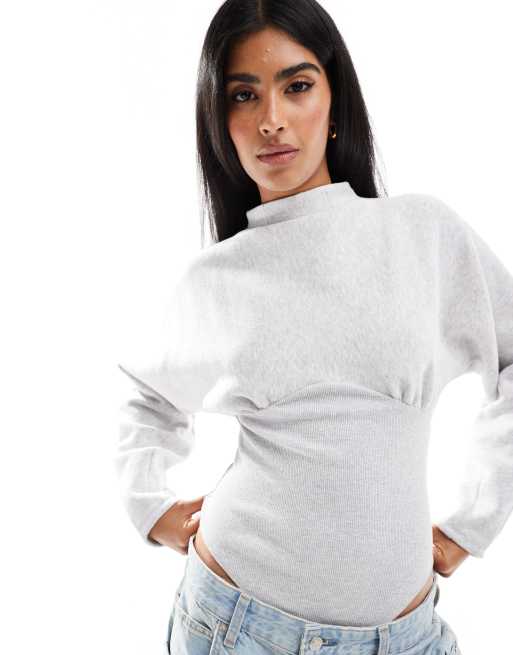 ASOS DESIGN – Sweatshirt-Body in meliertem Grau mit gerippter Korsett-Taille