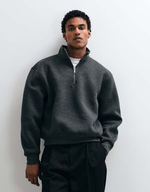 ASOS DESIGN sweatshirt coupe ample carrée à col montant et demi-zip en tissu type scuba gris anthracite, 1 de 5
