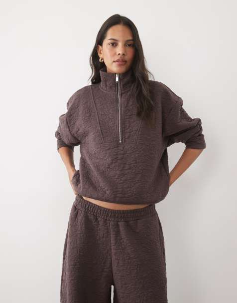 ASOS DESIGN sweatshirt-del af sæt med ståkrave og kvart lynlås i brun jacquard med struktur - view 1