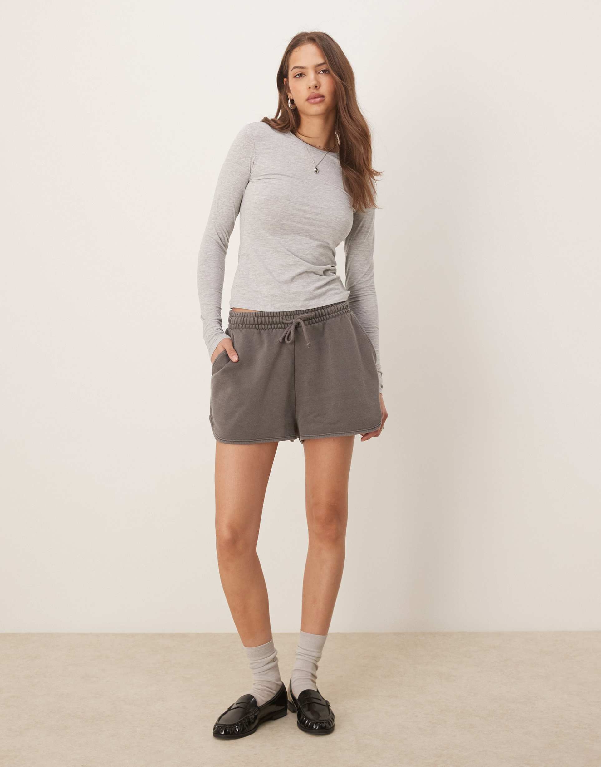 asos design sweatshirt fabric running shorts in washed gray
