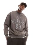 [ASOS DESIGN] ASOS DESIGN sweatshirt in acid wash with applique print in charcoal-Green L Asphalt
