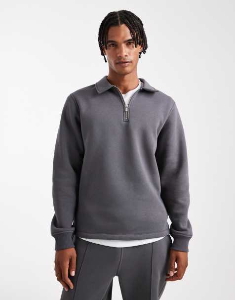 ASOS DESIGN – Sweatshirt in Anthrazit mit Kragen und kurzem Reißverschluss, Kombiteil - view 1