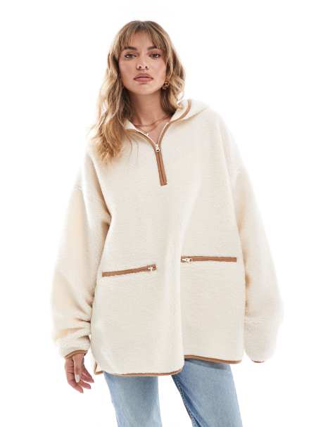 ASOS DESIGN - Sweatshirt in capestijl van borg fleece met korte rits en bruine afwerkingen in crème - view 1