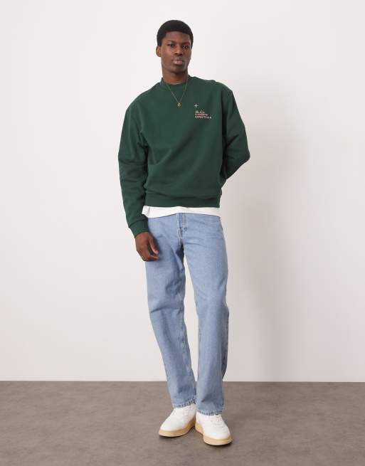 ASOS DESIGN – Sweatshirt in Dunkelgrün mit Brust-Print und Berglandschaft-Rückenprint, 2 von 4