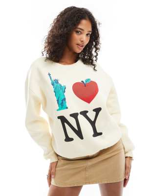 ASOS DESIGN - Sweatshirt in Ecru mit angerauter Rückseite und „New York"-Grafikprint-Weiß