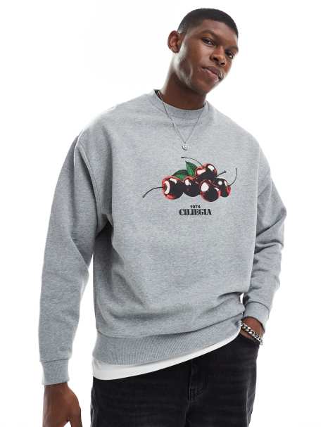 ASOS DESIGN – Sweatshirt in Grau meliert mit Print - view 1