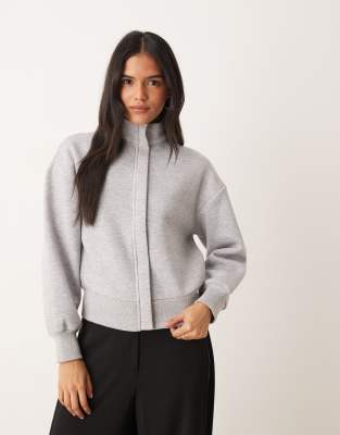 ASOS DESIGN - Sweatshirt in Grau meliert mit Stehkragen und durchgehendem Reißverschluss