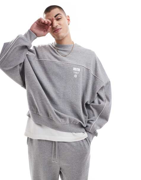 ASOS DESIGN – Sweatshirt in Grau mit weißer Paspelierung und extremer Oversize-Passform - view 1