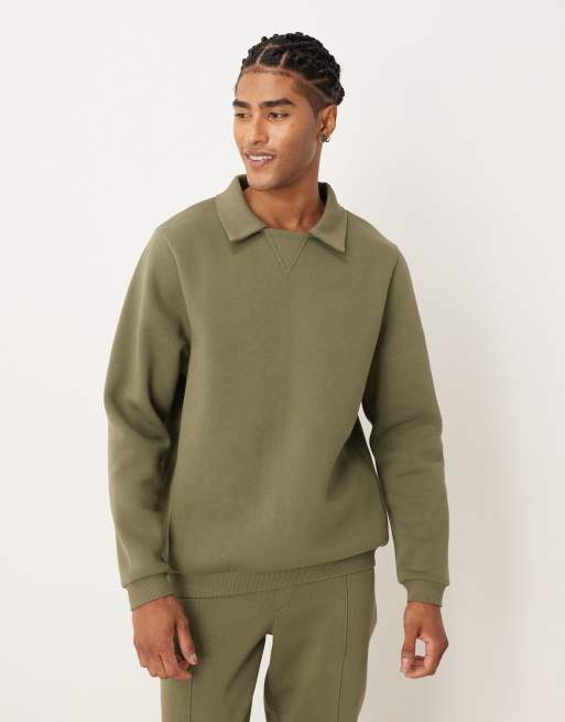 ASOS DESIGN – Sweatshirt in Grün mit geripptem Polokragen