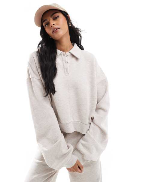 ASOS DESIGN – Sweatshirt in Hellbeige mit Knopfleiste und Kragen, Kombiteil - view 1