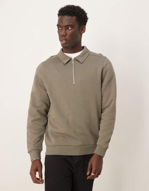 ASOS DESIGN – Sweatshirt in Khaki mit kurzem Reißverschluss und Kragen, 2 von 4