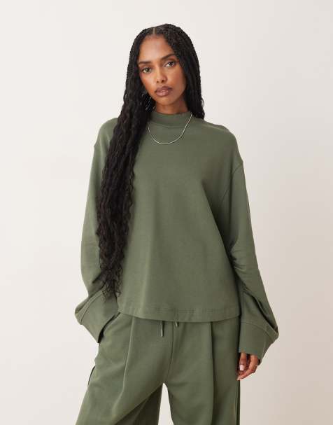 ASOS DESIGN – Sweatshirt in Khaki mit Waffelstruktur-Einsatz, Kombiteil - view 1