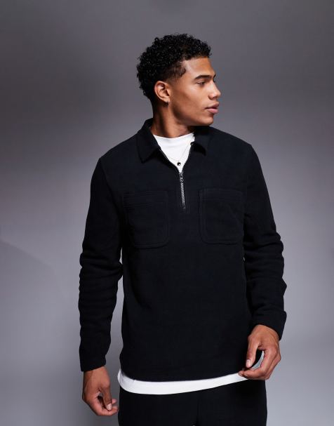 ASOS DESIGN – Sweatshirt in Marineblau aus Fleece mit Kragen und kurzem Reißverschluss - view 1