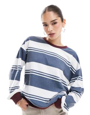 ASOS DESIGN - Sweatshirt in Marineblau mit Streifen und kontrastierendem Besatz