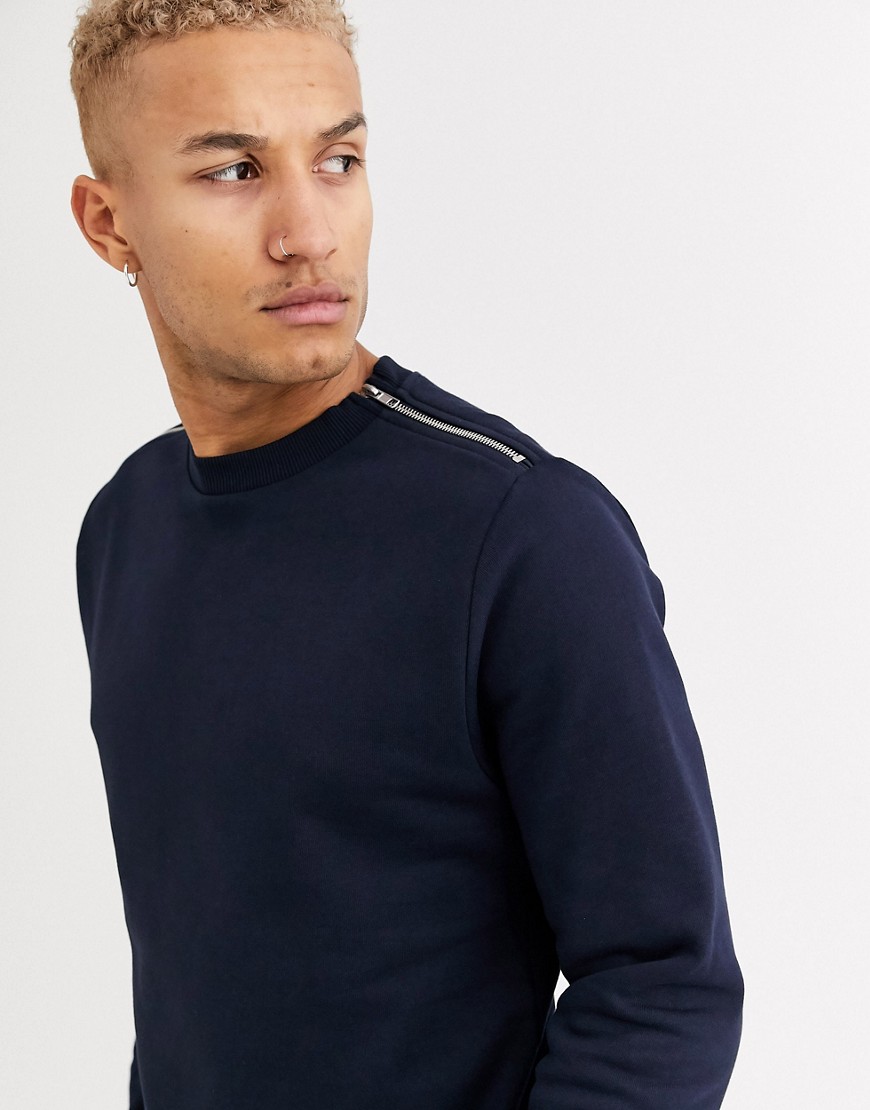 ASOS DESIGN - Sweatshirt in marineblauw met zilveren ritsen op de schouders