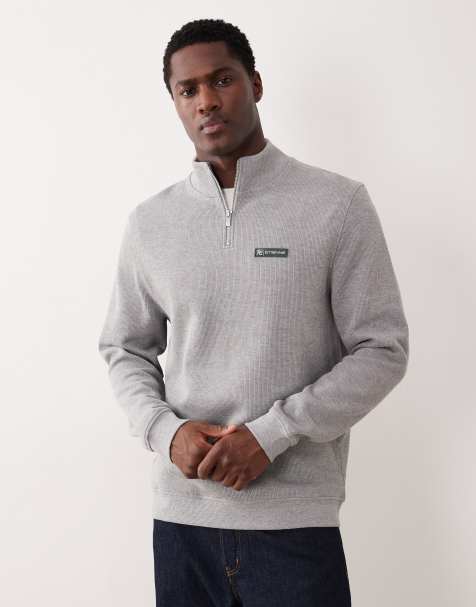 ASOS DESIGN – Sweatshirt in meliertem Grau mit kurzem Reißverschluss und gummiertem Aufnäher - view 1