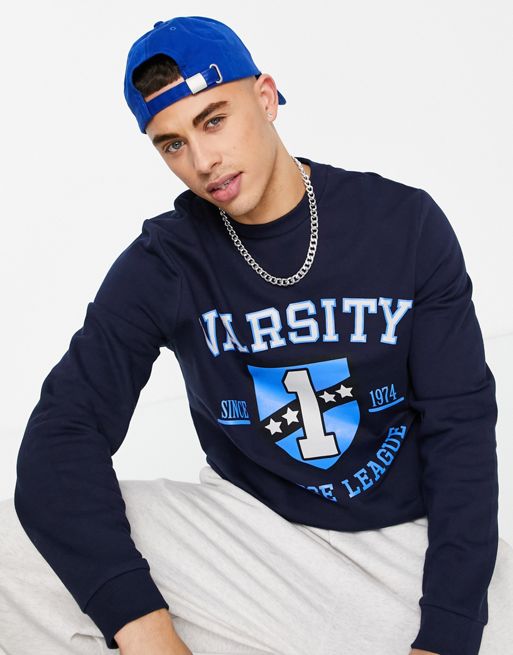 ASOS DESIGN sweatshirt in navy with varsity logo chest print | ASOS