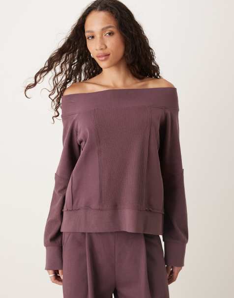 ASOS DESIGN – Sweatshirt in Pflaume mit Carmen-Ausschnitt und Waffelstruktur-Einsatz, Kombiteil - view 1