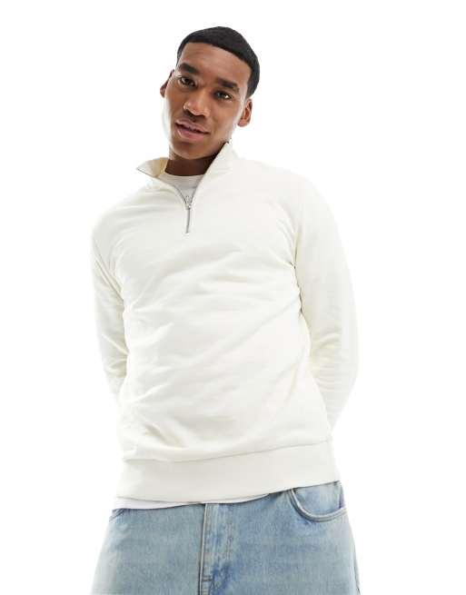ASOS DESIGN – Sweatshirt in sanftem Weiß mit kurzem Reißverschluss