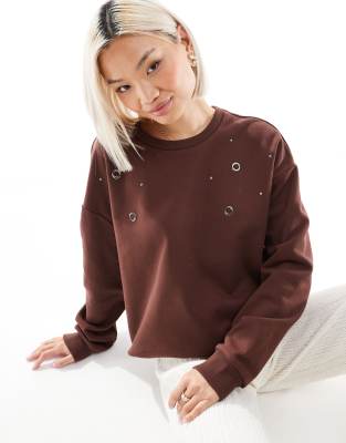 ASOS DESIGN - Sweatshirt in Schokobraun mit Ösendetail-Brown