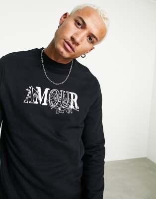 ASOS DESIGN – Sweatshirt in Standard-Passform mit großem Blumen-Textdruck in Schwarz