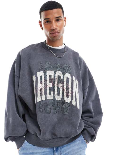 ASOS DESIGN – Sweatshirt in verwaschenem Anthrazit mit extremer Oversize-Passform und Textprint
