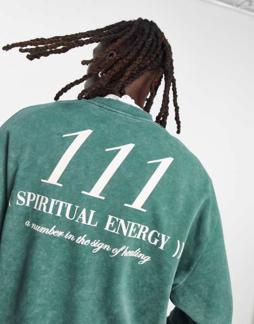 ASOS DESIGN sweatshirt in washed green with back text print, 3 of 4