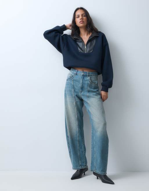 ASOS DESIGN sweatshirt med PU-detalje og kvart lynlås i marineblå, 2 af 4