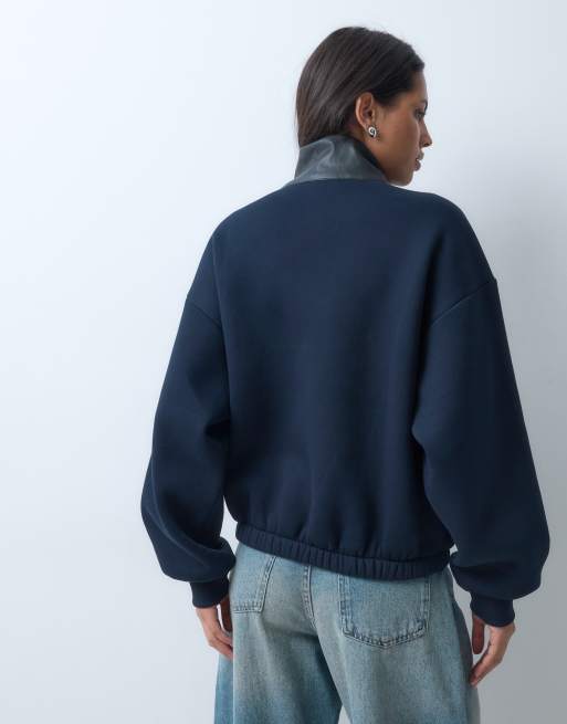 ASOS DESIGN sweatshirt med PU-detalje og kvart lynlås i marineblå, 4 af 4