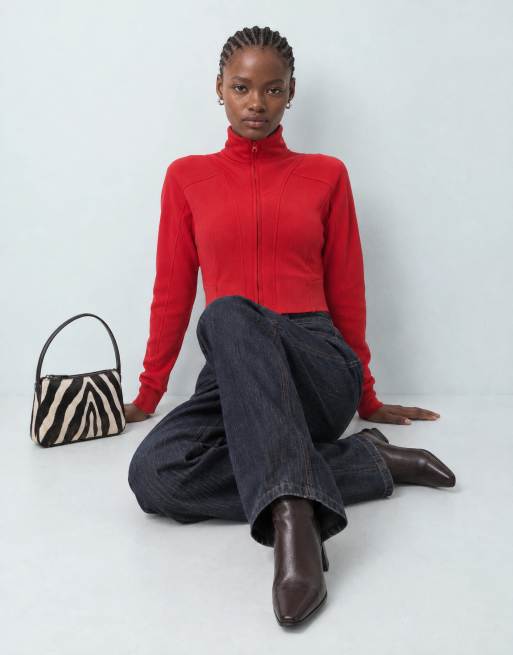 ASOS DESIGN sweatshirt med ståkrave, lynlås og sømdetaljer i rød, 6 af 9