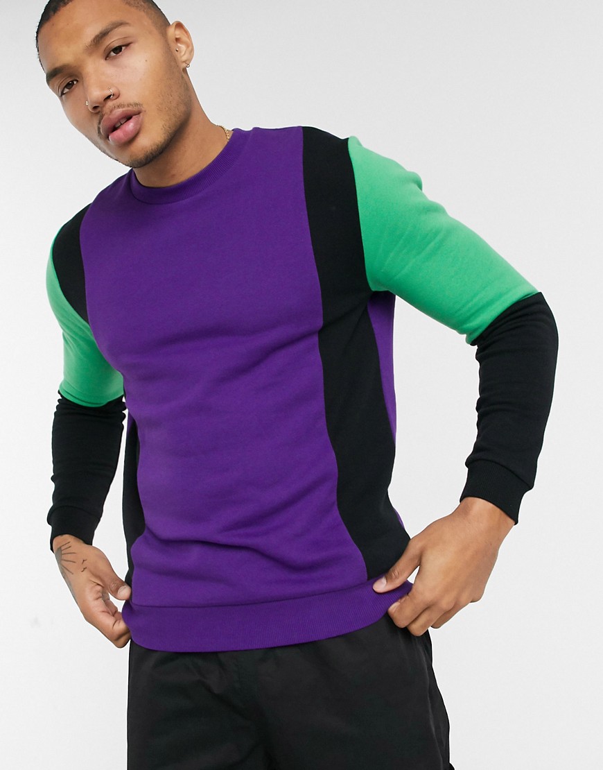 ASOS DESIGN - sweatshirt med vertikale farveblokke i sort, lyselilla og grøn