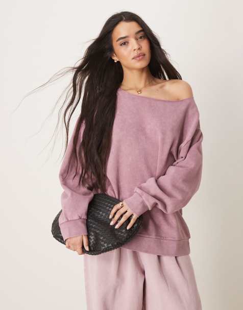 ASOS DESIGN - Sweatshirt met blote schouders in paars met wassing - view 1