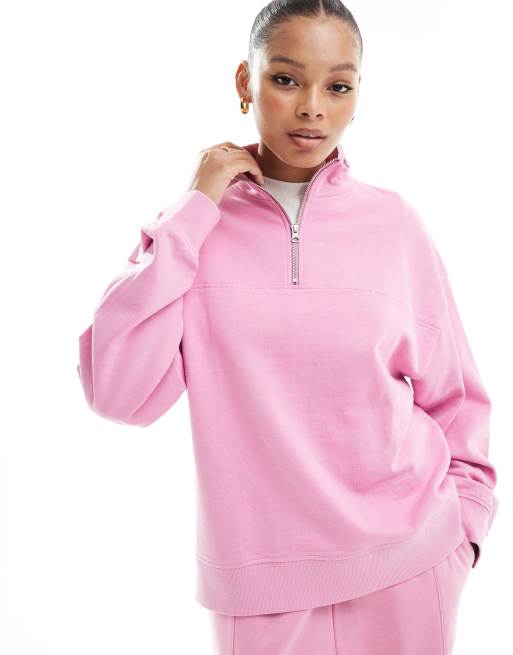 ASOS DESIGN - Sweatshirt met halve rits in felroze, deel van co-ord set