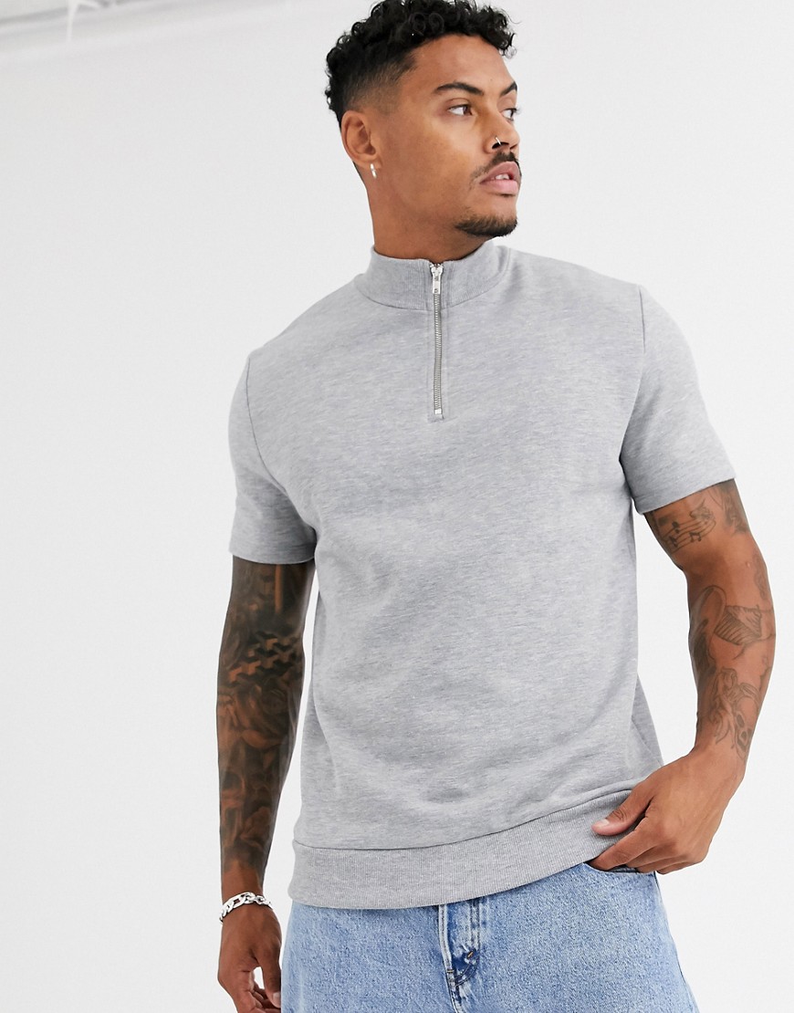 ASOS DESIGN - Sweatshirt met korte mouwen en korte rits in gemêleerd grijs