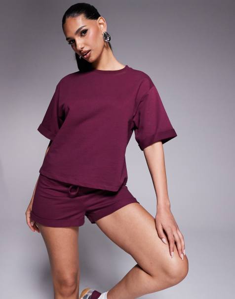 ASOS DESIGN - Sweatshirt met korte mouwen in bordeauxrood, deel van co-ord set - view 1