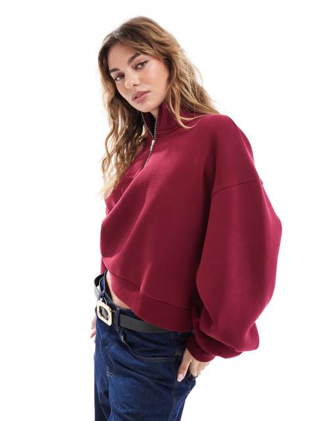 ASOS DESIGN - Sweatshirt met korte rits in bordeauxrood - view 1