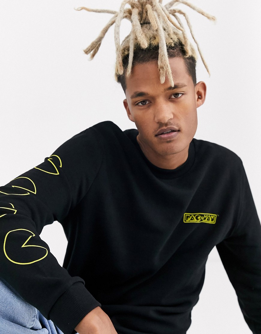 ASOS DESIGN - Sweatshirt met Pacman-print op de mouwen in zwart