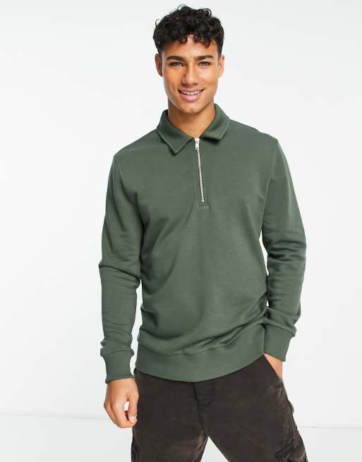 ASOS DESIGN - Sweatshirt met polokraagje met rits in groen