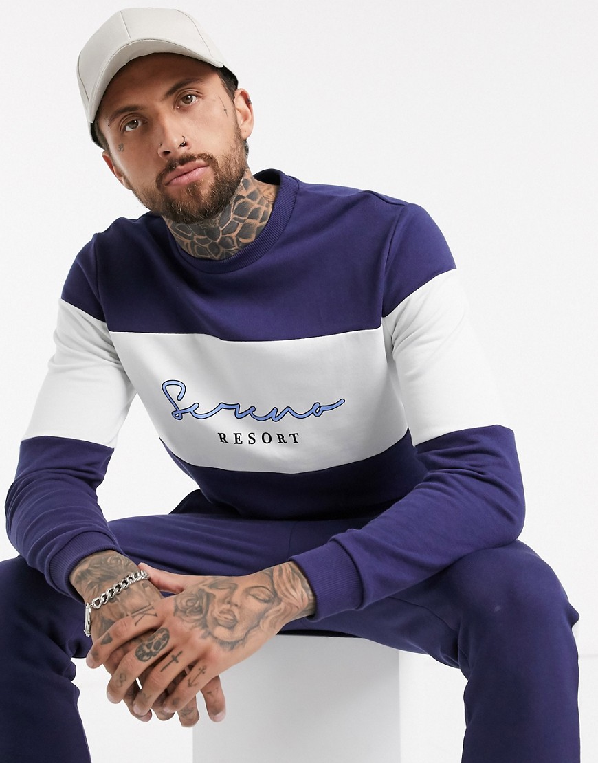 ASOS DESIGN - Sweatshirt met tekst 'serena' en strepen in marineblauw/wit, combi-set