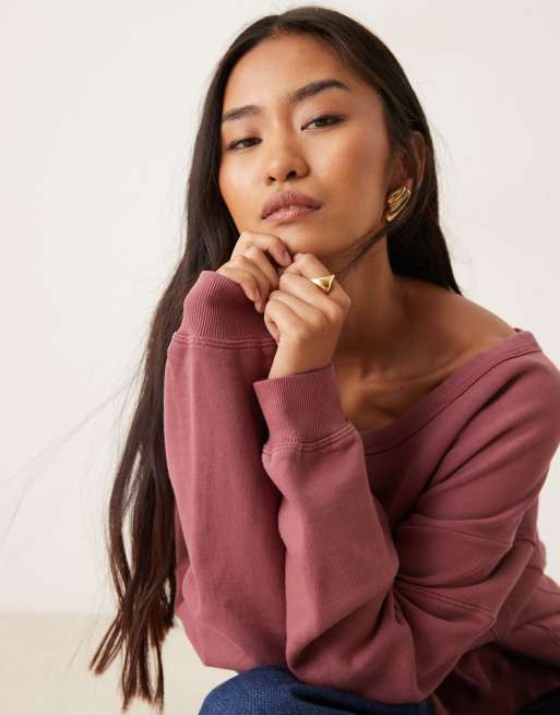 ASOS DESIGN - Sweatshirt met U-hals en siernaad in bordeauxrood met wassing, 4 van 4