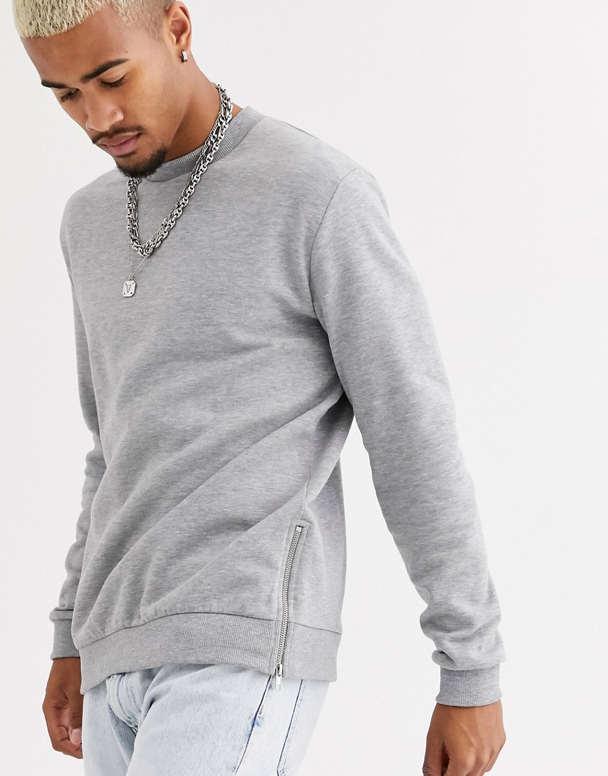 ASOS DESIGN - Sweatshirt met zilverkleurige ritsen opzij in gemêleerd grijs