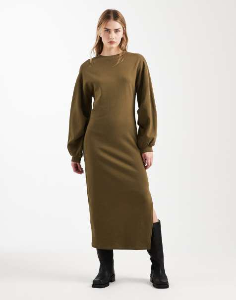 ASOS DESIGN – Sweatshirt-Midikleid aus Baumwolle in Khaki mit Ballonärmeln - view 1