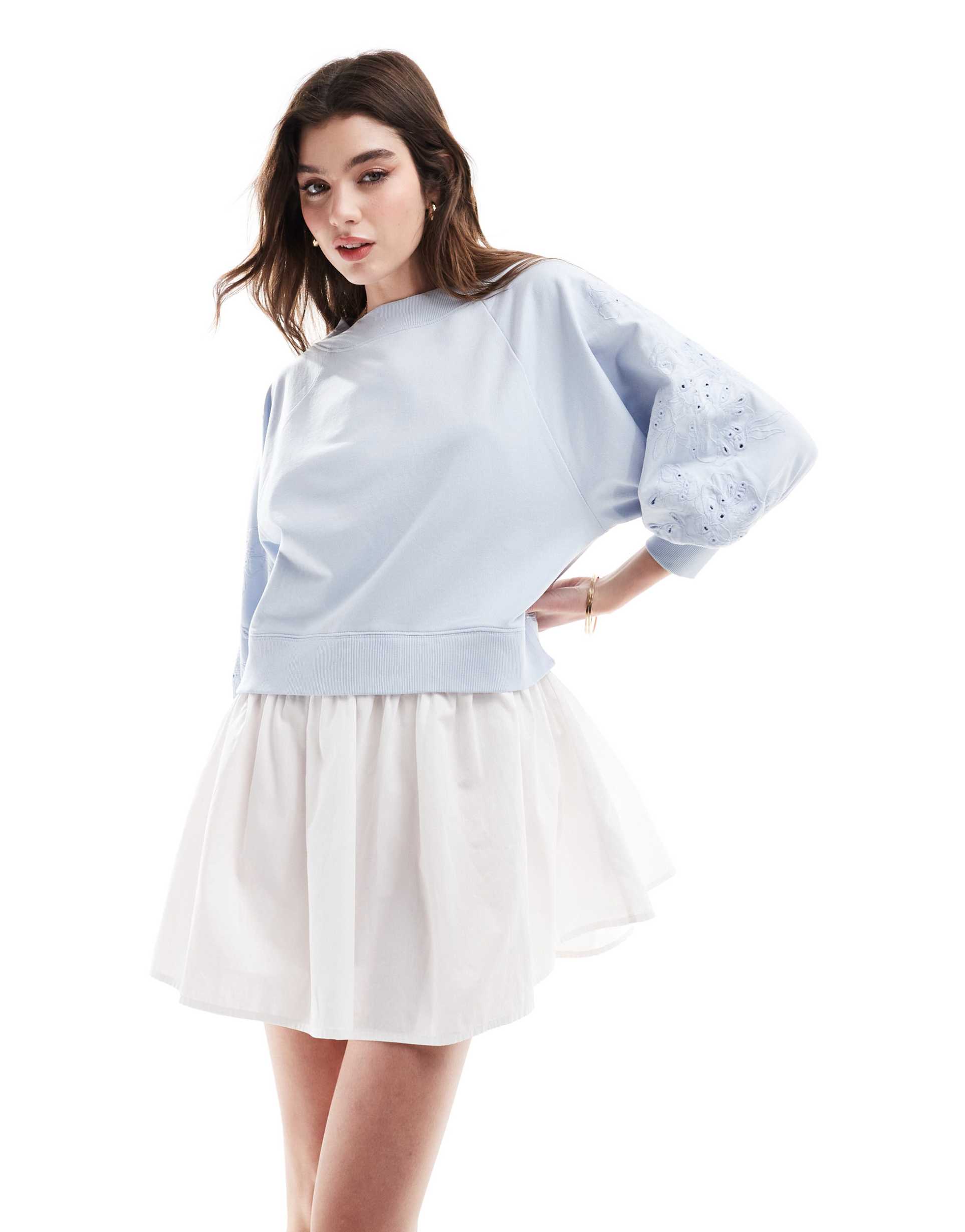 asos design sweatshirt mini dress with poplin skirt and embroidered sleeves in light blue wash