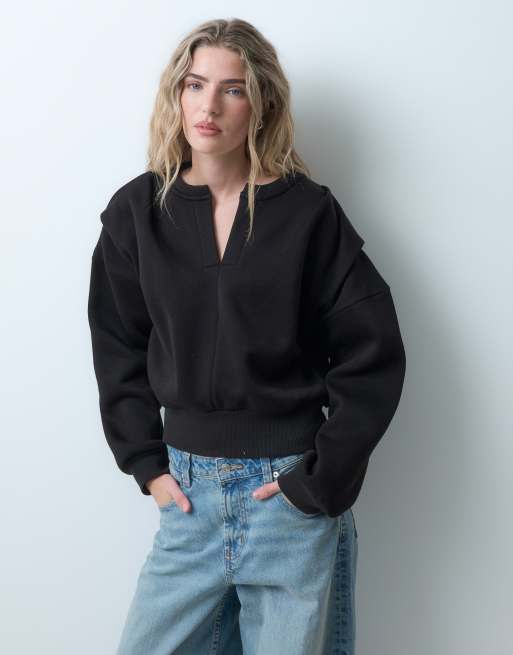 ASOS DESIGN Sweatshirt mit Falten an den Schultern und Kerbdetail in Schwarz, 2 von 5