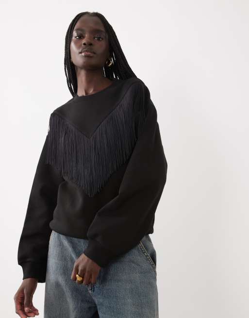 ASOS DESIGN Sweatshirt mit Fransen in Schwarz, 2 von 4