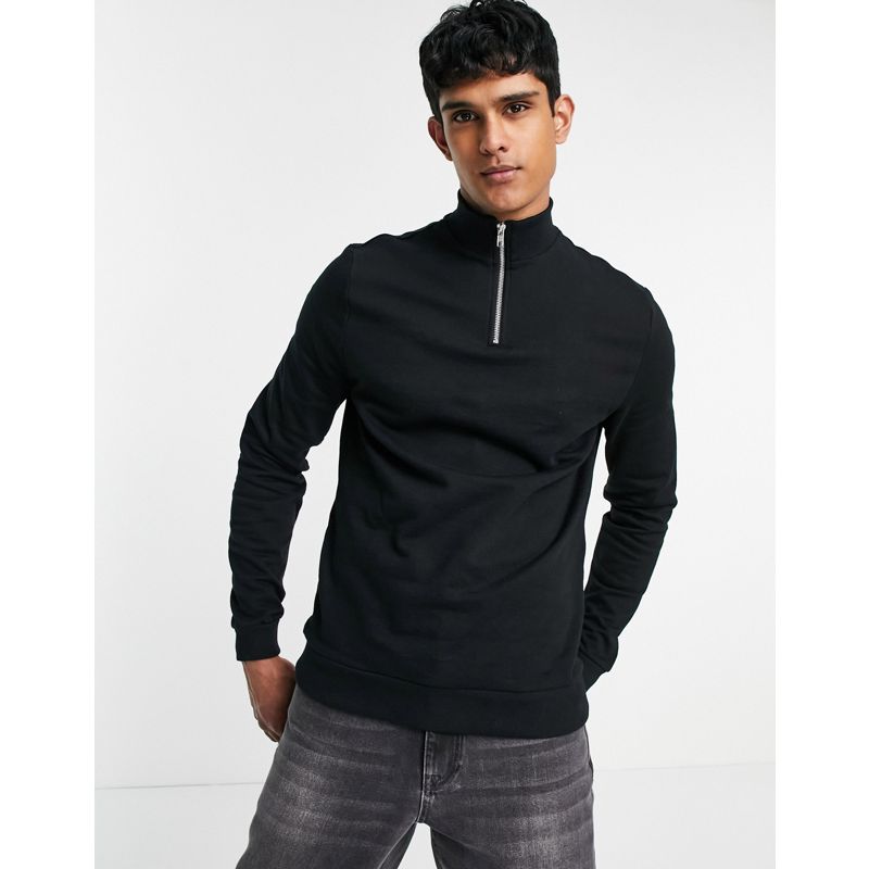 DESIGN – Sweatshirt mit kurzem Reißverschluss aus Bio-Baumwolle in Schwarz