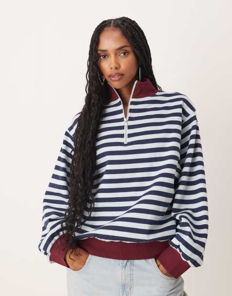 ASOS DESIGN – Sweatshirt mit kurzem Reißverschluss und Streifen in Blau und Burgunderrot - view 1