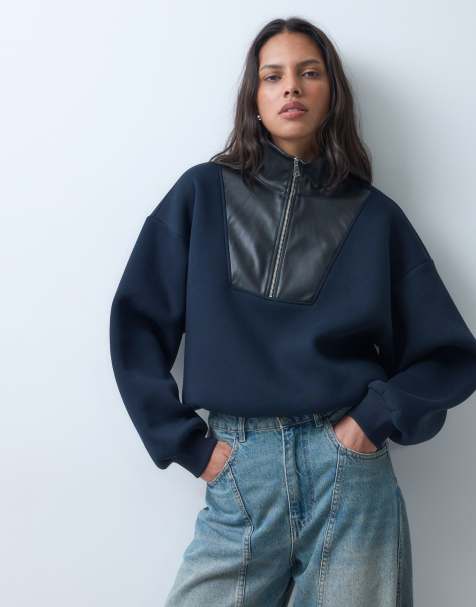 ASOS DESIGN Sweatshirt mit PU-Details und Viertelreißverschluss in Marineblau - view 1