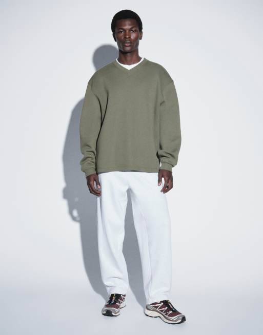 ASOS DESIGN Sweatshirt mit Relaxed Fit und V-Ausschnitt aus Scuba-Material in Khaki, 2 von 5